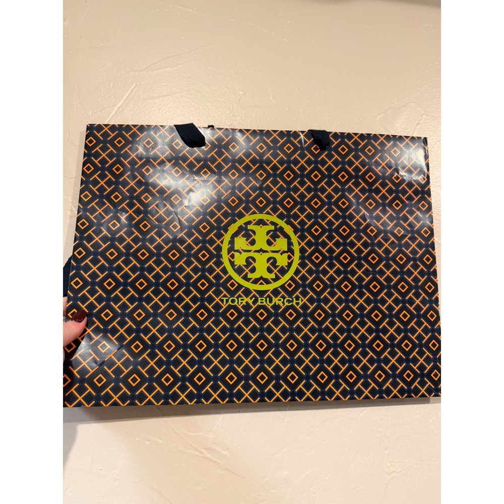 Tory Burch Shopping Bag Large Navy Orange Monogram Excellent Ribbon Handles Logo